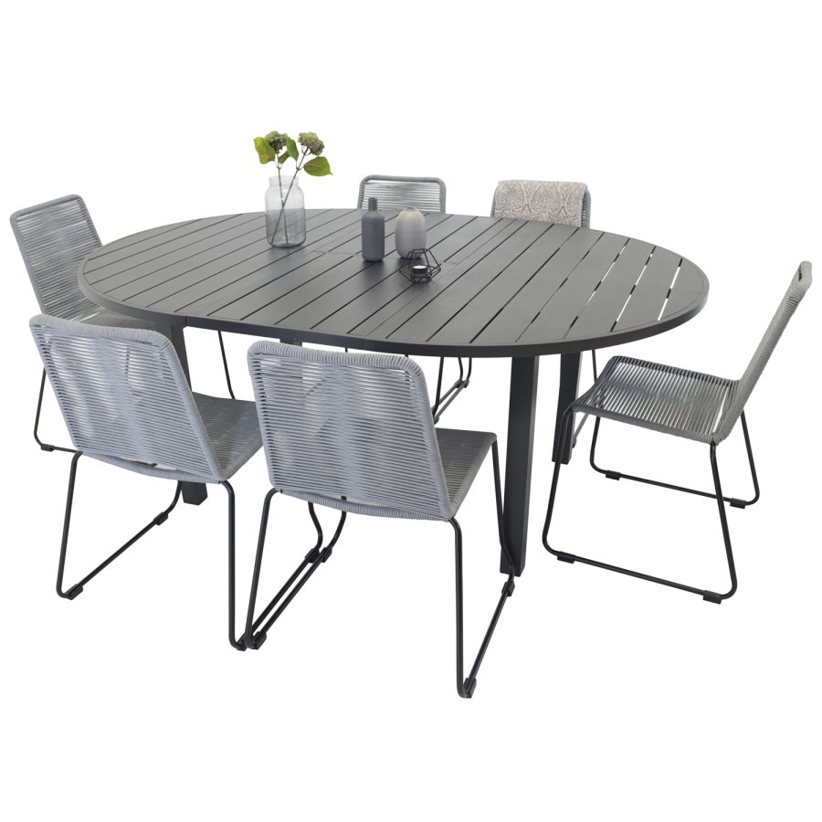 VENTURE DESIGN Gartenset mit Marbella-Tisch und 6 Lindos-Stühlen – schwarzes Aluminium und graues Seil