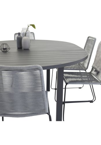 VENTURE DESIGN Gartenset mit Marbella-Tisch und 6 Lindos-Stühlen – schwarzes Aluminium und graues Seil