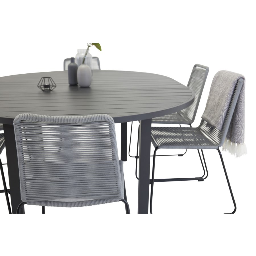 VENTURE DESIGN Gartenset mit Marbella-Tisch und 6 Lindos-Stühlen – schwarzes Aluminium und graues Seil