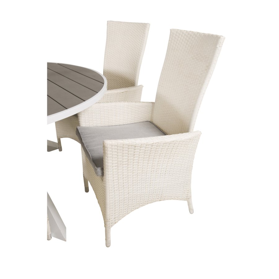 VENTURE DESIGN havest m. Parma bord (140) og 6 Padova stole m recliner - hvid rattan/gr aintwood