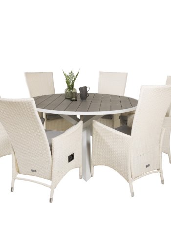 VENTURE DESIGN havest m. Parma bord (140) og 6 Padova stole m recliner - hvid rattan/gr aintwood