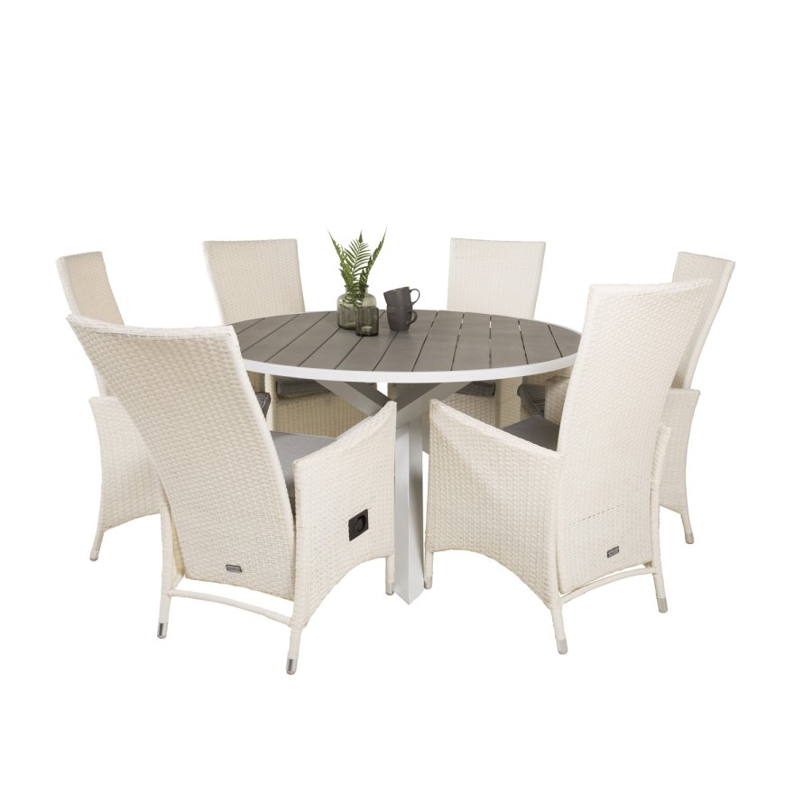 VENTURE DESIGN havest m. Parma bord (140) og 6 Padova stole m recliner - hvid rattan/gr aintwood