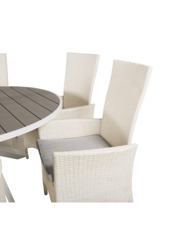VENTURE DESIGN havest m. Parma bord (140) og 6 Padova stole m recliner - hvid rattan/gr aintwood