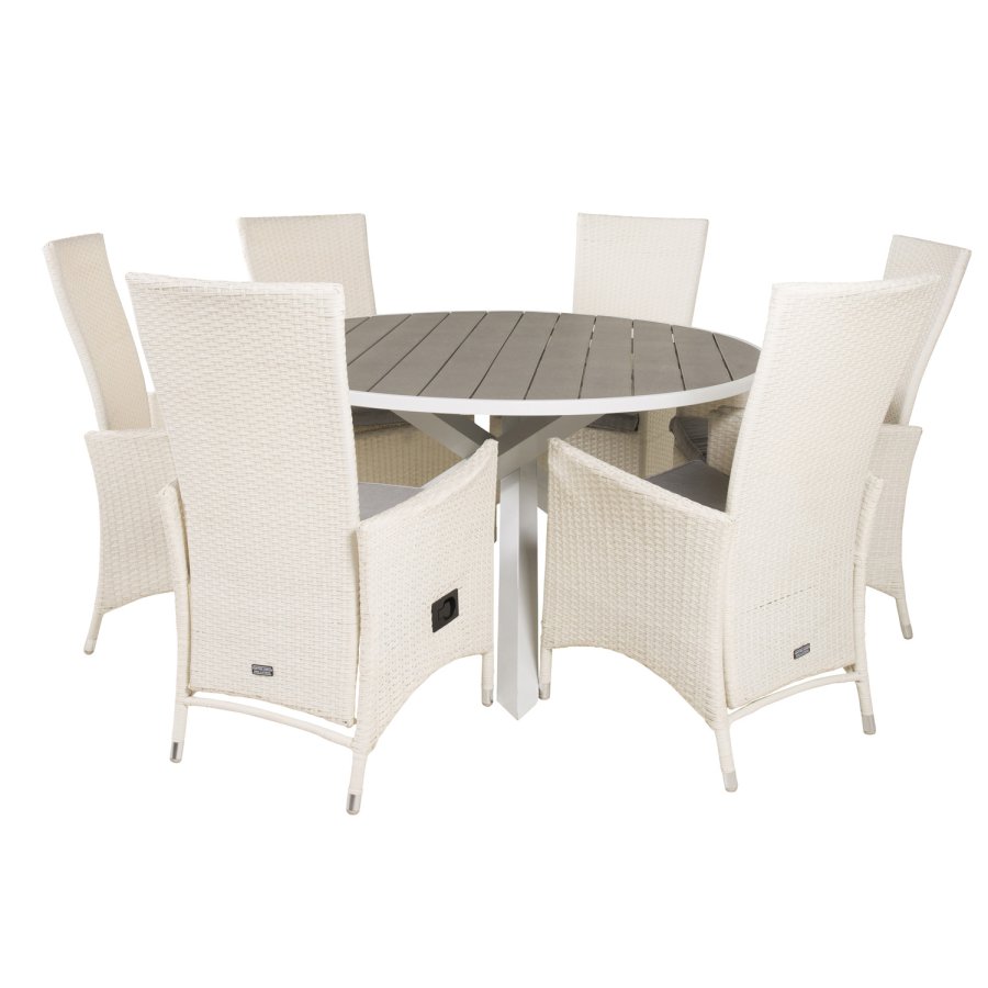 VENTURE DESIGN havest m. Parma bord (140) og 6 Padova stole m recliner - hvid rattan/gr aintwood