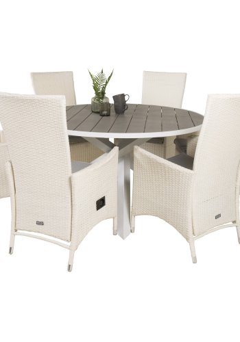 VENTURE DESIGN havest m. Parma bord (140) og 6 Padova stole m recliner - hvid rattan/gr aintwood