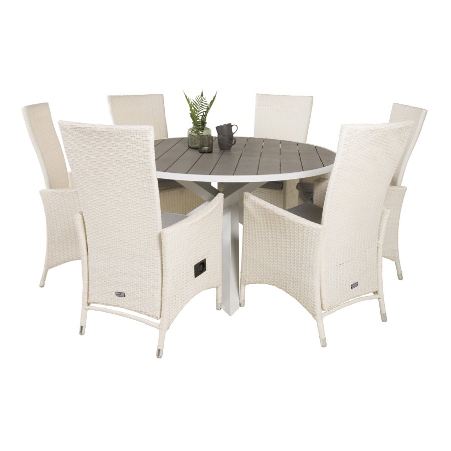 VENTURE DESIGN havest m. Parma bord (140) og 6 Padova stole m recliner - hvid rattan/gr aintwood