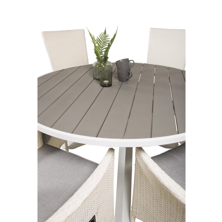 VENTURE DESIGN havest m. Parma bord (140) og 6 Padova stole m recliner - hvid rattan/gr aintwood