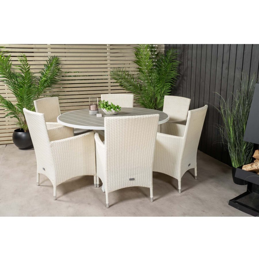 VENTURE DESIGN havest m. Parma bord (140) og 6 Malin stole m. armln - gr aintwood/hvid rattan