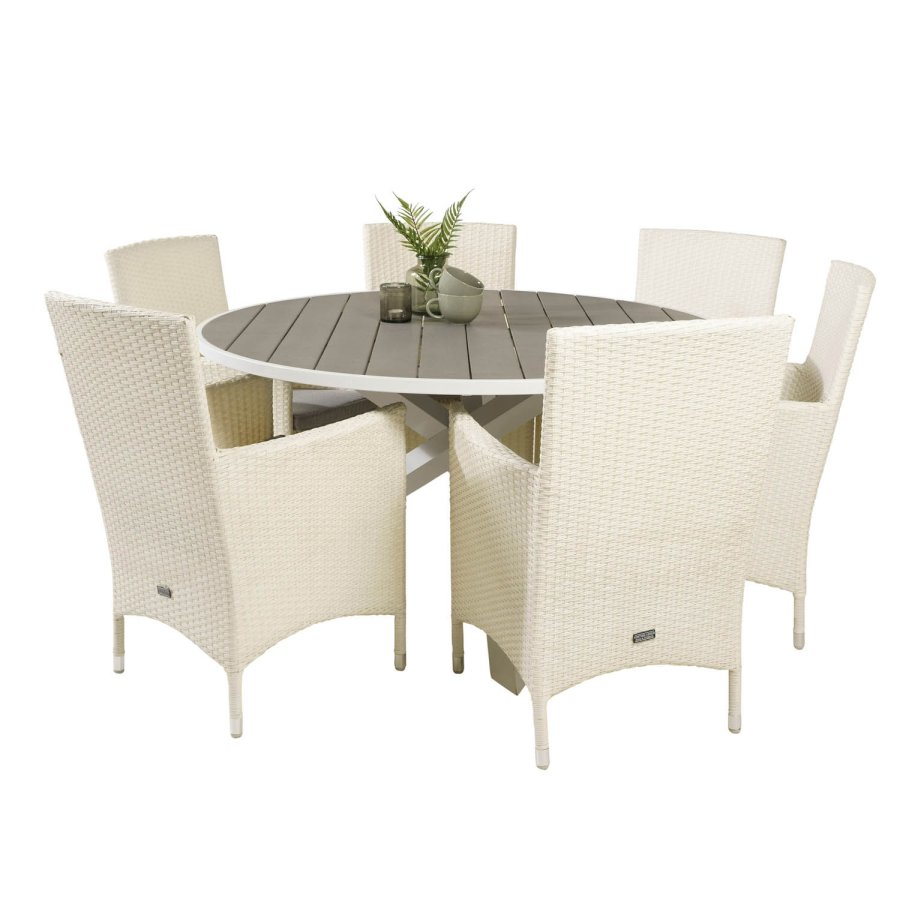 VENTURE DESIGN havest m. Parma bord (140) og 6 Malin stole m. armln - gr aintwood/hvid rattan
