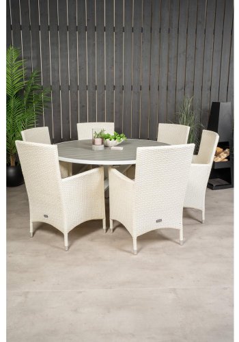 VENTURE DESIGN havest m. Parma bord (140) og 6 Malin stole m. armln - gr aintwood/hvid rattan
