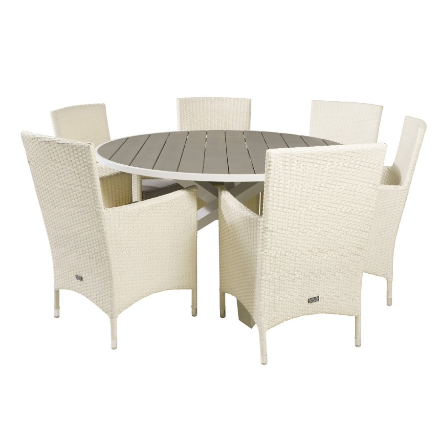 VENTURE DESIGN havest m. Parma bord (140) og 6 Malin stole m. armln - gr aintwood/hvid rattan