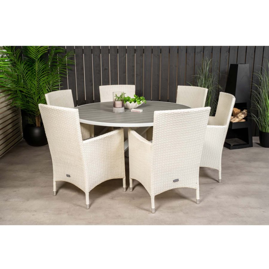 VENTURE DESIGN havest m. Parma bord (140) og 6 Malin stole m. armln - gr aintwood/hvid rattan