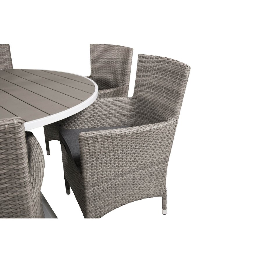 VENTURE DESIGN havest m. Parma bord (140) og 6 Malin stole m. armln+hynde - gr aintwood/rattan