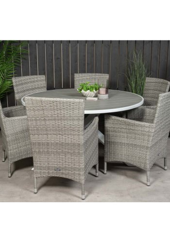 VENTURE DESIGN havest m. Parma bord (140) og 6 Malin stole m. armln+hynde - gr aintwood/rattan