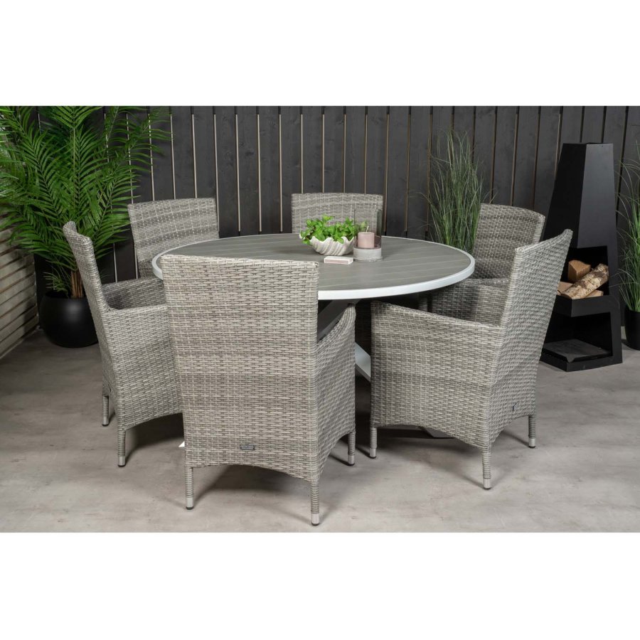 VENTURE DESIGN havest m. Parma bord (140) og 6 Malin stole m. armln+hynde - gr aintwood/rattan