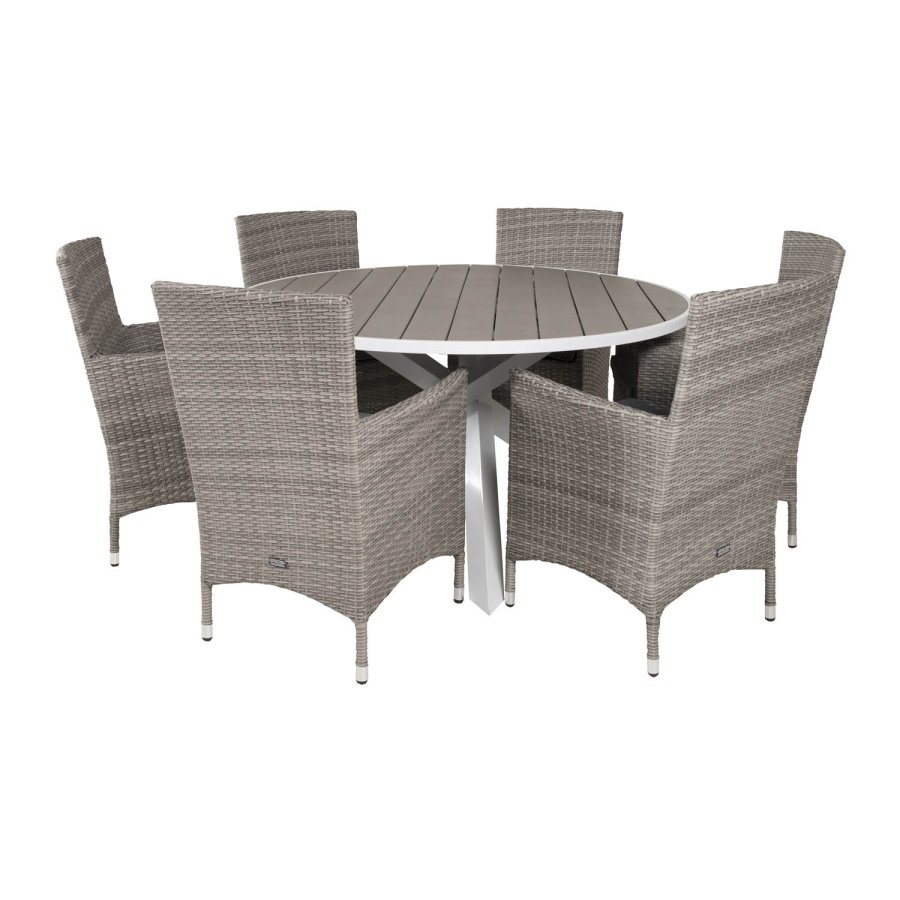 VENTURE DESIGN havest m. Parma bord (140) og 6 Malin stole m. armln+hynde - gr aintwood/rattan