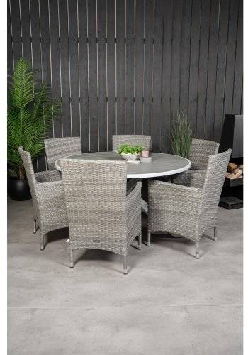VENTURE DESIGN havest m. Parma bord (140) og 6 Malin stole m. armln+hynde - gr aintwood/rattan