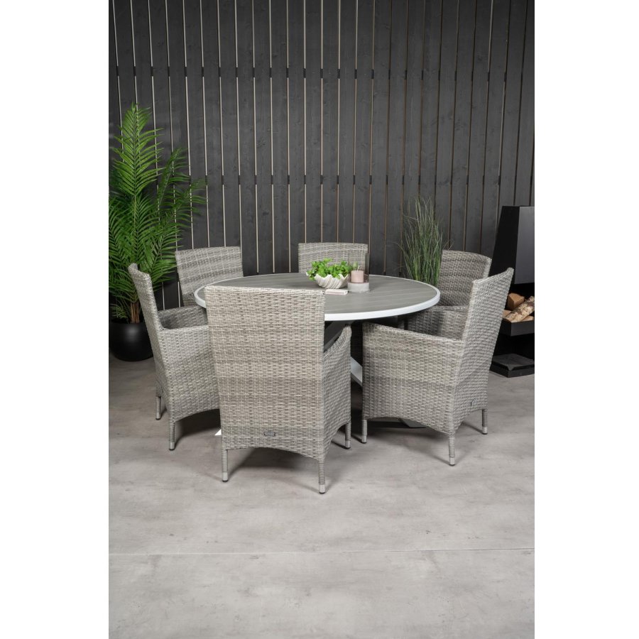 VENTURE DESIGN havest m. Parma bord (140) og 6 Malin stole m. armln+hynde - gr aintwood/rattan