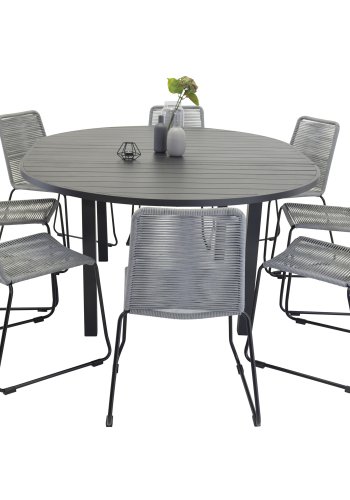 VENTURE DESIGN Gartenset mit Marbella-Tisch und 8 Lindos-Stühlen – schwarzes Aluminium/graues Seil