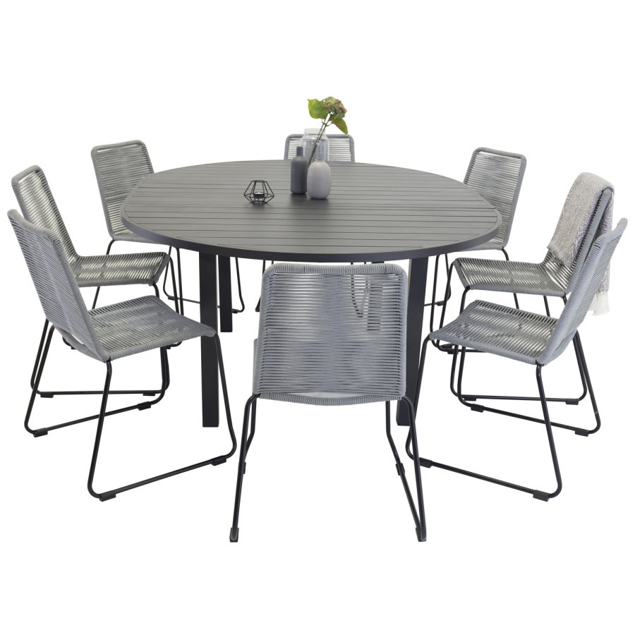 VENTURE DESIGN Gartenset mit Marbella-Tisch und 8 Lindos-Stühlen – schwarzes Aluminium/graues Seil