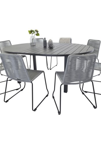 VENTURE DESIGN Gartenset mit Marbella-Tisch und 8 Lindos-Stühlen – schwarzes Aluminium/graues Seil