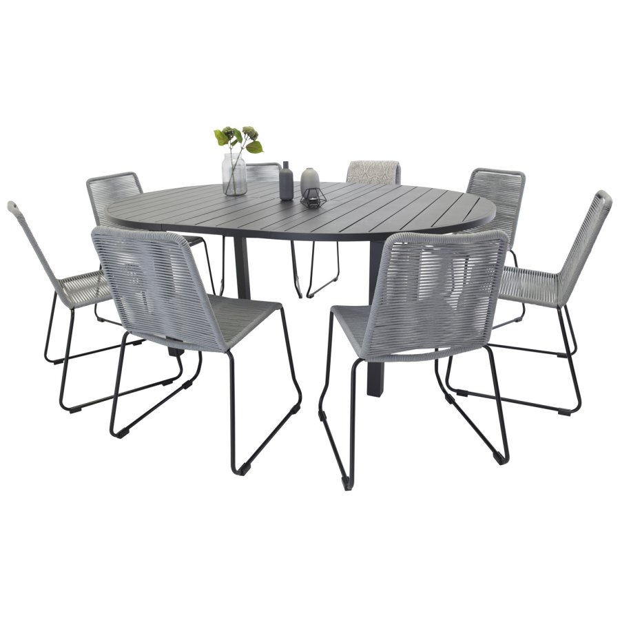 VENTURE DESIGN Gartenset mit Marbella-Tisch und 8 Lindos-Stühlen – schwarzes Aluminium/graues Seil