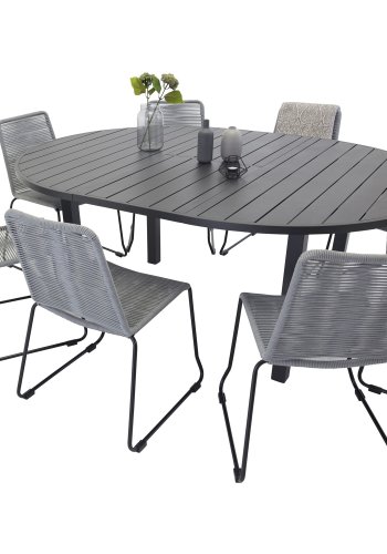 VENTURE DESIGN Gartenset mit Marbella-Tisch und 8 Lindos-Stühlen – schwarzes Aluminium/graues Seil