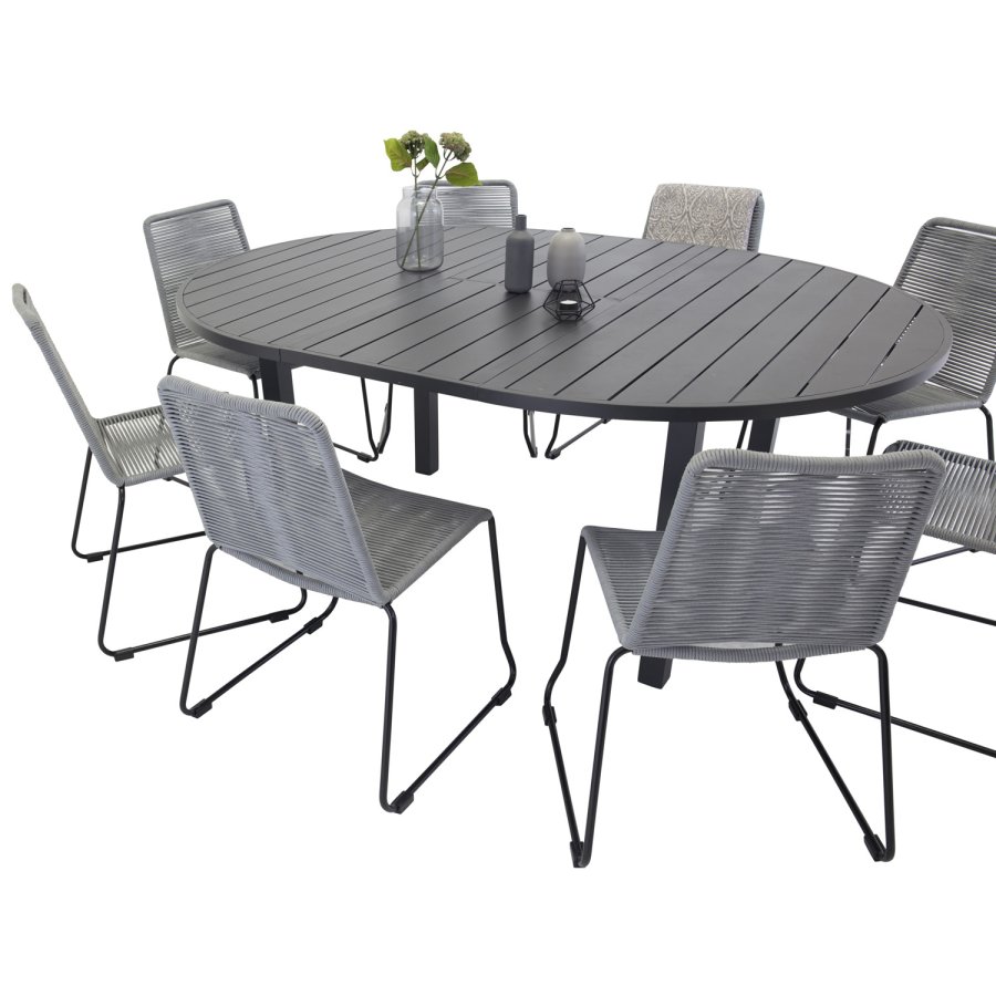VENTURE DESIGN Gartenset mit Marbella-Tisch und 8 Lindos-Stühlen – schwarzes Aluminium/graues Seil
