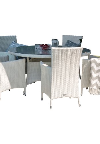 VENTURE DESIGN havest m. Volta bord ( 150) og 5 Malin stole m. armln og hynde - hvid rattan/glas