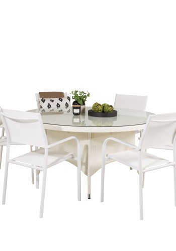 VENTURE DESIGN havest m. Volta bord (150) og 6 Santorini stole m. armln - hvid alu/rattan/textile