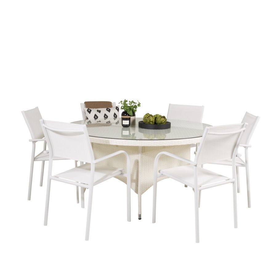 VENTURE DESIGN havest m. Volta bord (150) og 6 Santorini stole m. armln - hvid alu/rattan/textile