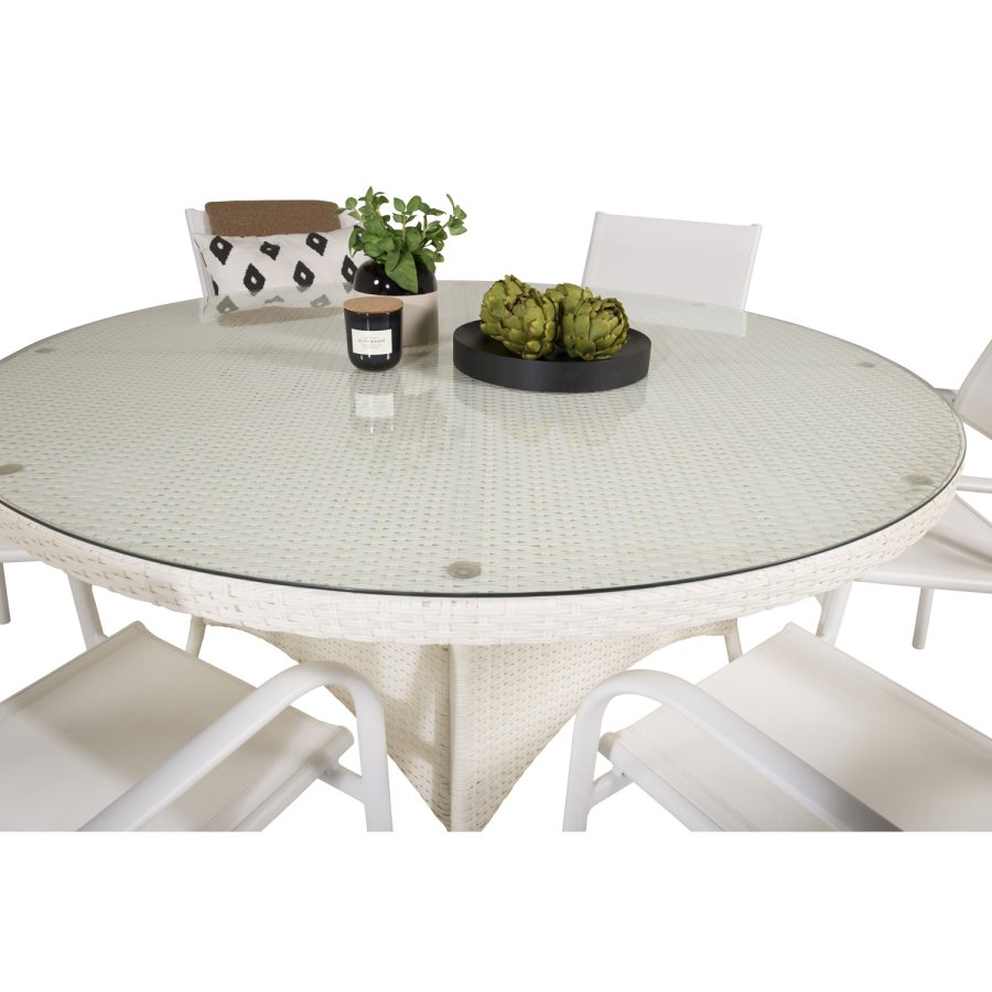 VENTURE DESIGN havest m. Volta bord (150) og 6 Santorini stole m. armln - hvid alu/rattan/textile