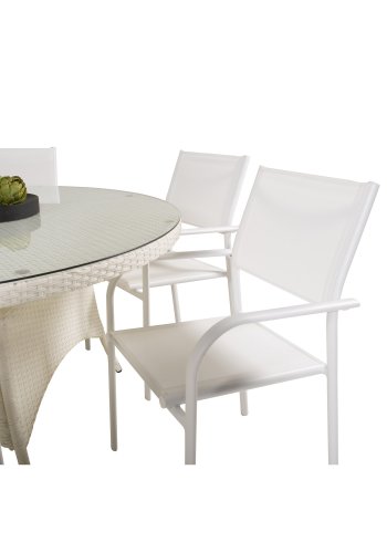 VENTURE DESIGN havest m. Volta bord (150) og 6 Santorini stole m. armln - hvid alu/rattan/textile