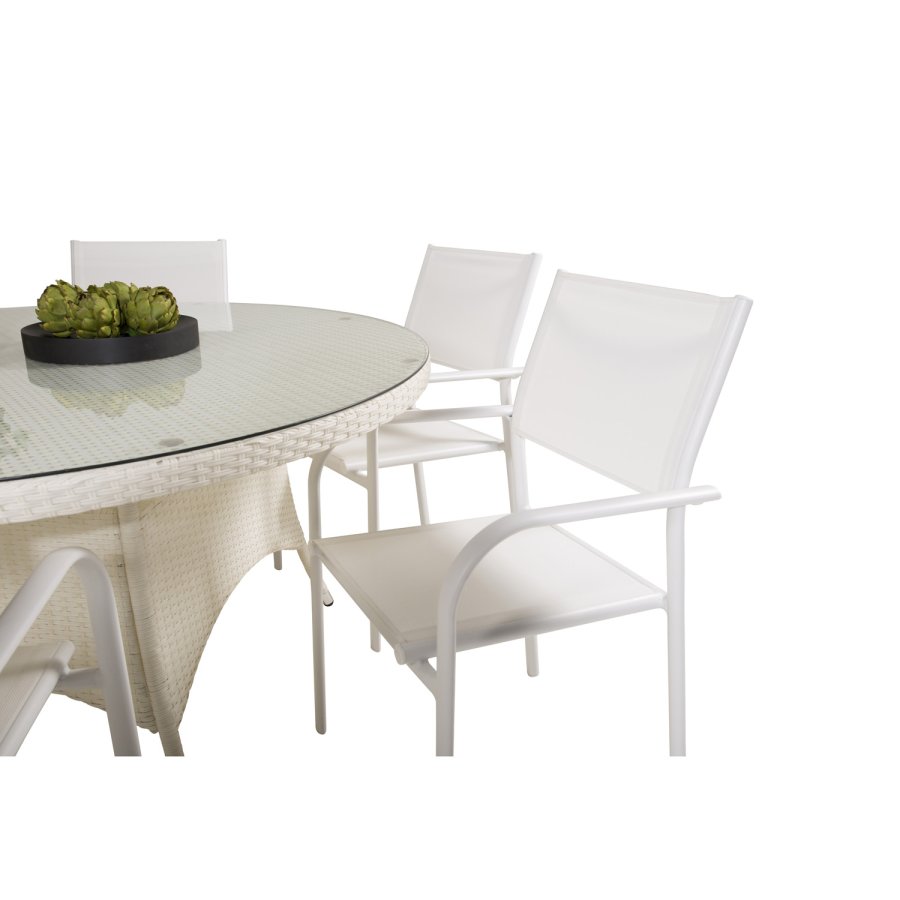 VENTURE DESIGN havest m. Volta bord (150) og 6 Santorini stole m. armln - hvid alu/rattan/textile
