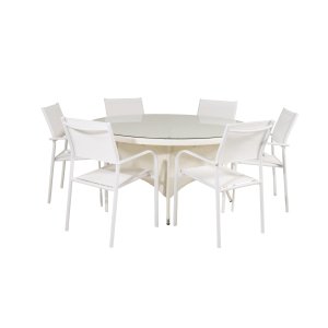 VENTURE DESIGN havest m. Volta bord (150) og 6 Santorini stole m. armln - hvid alu/rattan/textile