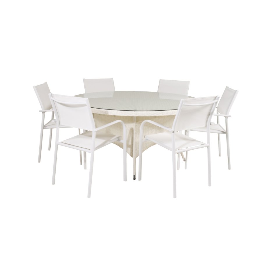 VENTURE DESIGN havest m. Volta bord (150) og 6 Santorini stole m. armln - hvid alu/rattan/textile