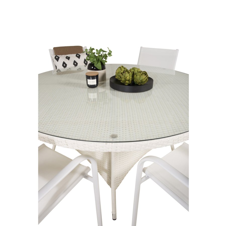 VENTURE DESIGN havest m. Volta bord (150) og 6 Santorini stole m. armln - hvid alu/rattan/textile