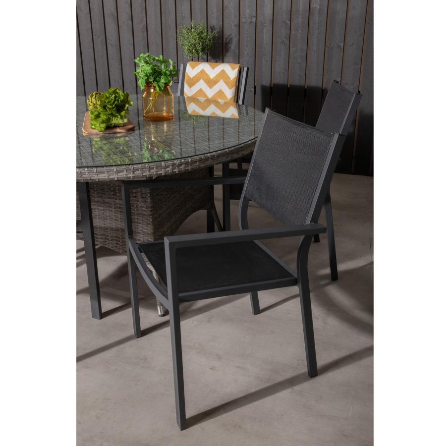 VENTURE DESIGN havest m. Volta bord (150) og 6 Copacabana stole m. armln - sort textil/gr rattan