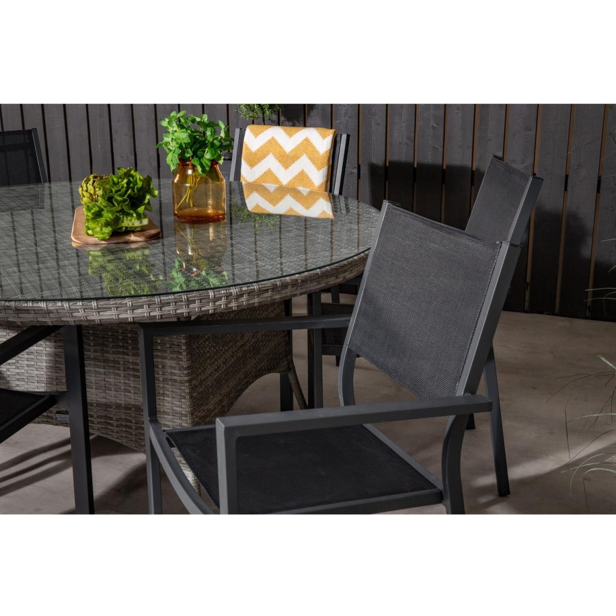 VENTURE DESIGN havest m. Volta bord (150) og 6 Copacabana stole m. armln - sort textil/gr rattan