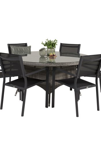 VENTURE DESIGN havest m. Volta bord (150) og 6 Copacabana stole m. armln - sort textil/gr rattan