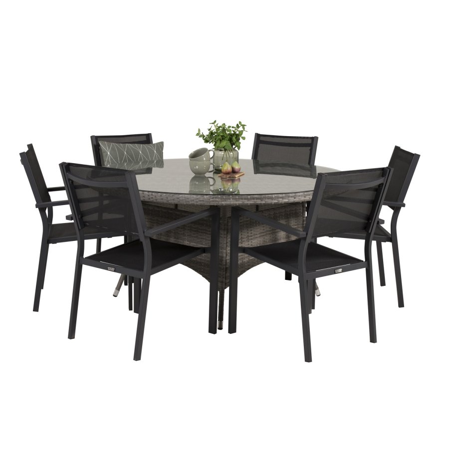 VENTURE DESIGN havest m. Volta bord (150) og 6 Copacabana stole m. armln - sort textil/gr rattan