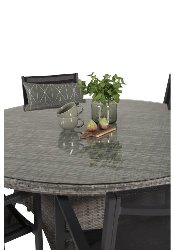 VENTURE DESIGN havest m. Volta bord (150) og 6 Copacabana stole m. armln - sort textil/gr rattan