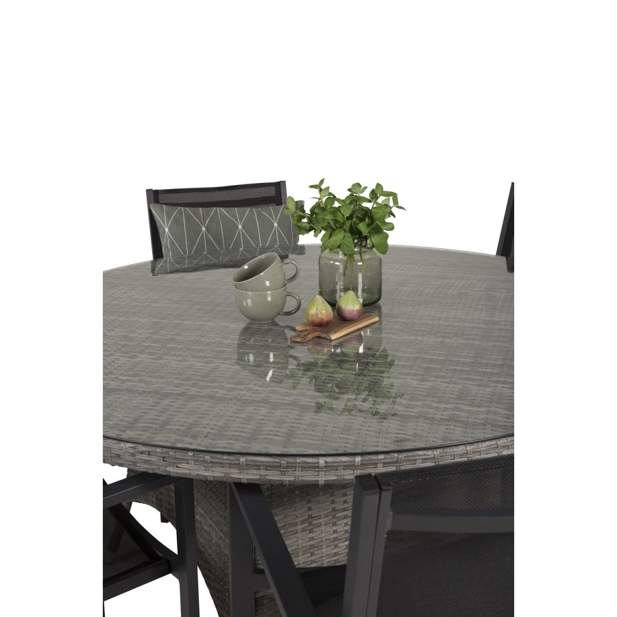 VENTURE DESIGN havest m. Volta bord (150) og 6 Copacabana stole m. armln - sort textil/gr rattan
