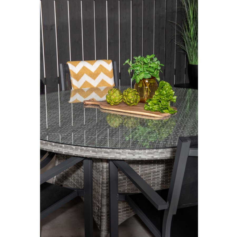 VENTURE DESIGN havest m. Volta bord (150) og 6 Copacabana stole m. armln - sort textil/gr rattan