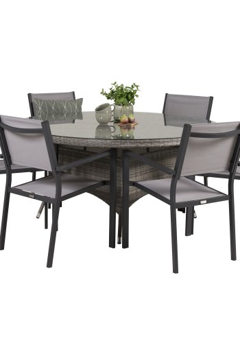 VENTURE DESIGN havest m. Volta bord (150) og 6 Copacabana stole m. armln - gr rattan/textilene