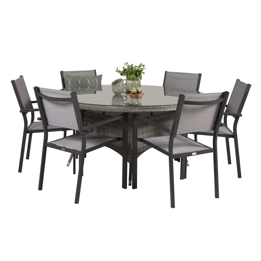 VENTURE DESIGN havest m. Volta bord (150) og 6 Copacabana stole m. armln - gr rattan/textilene