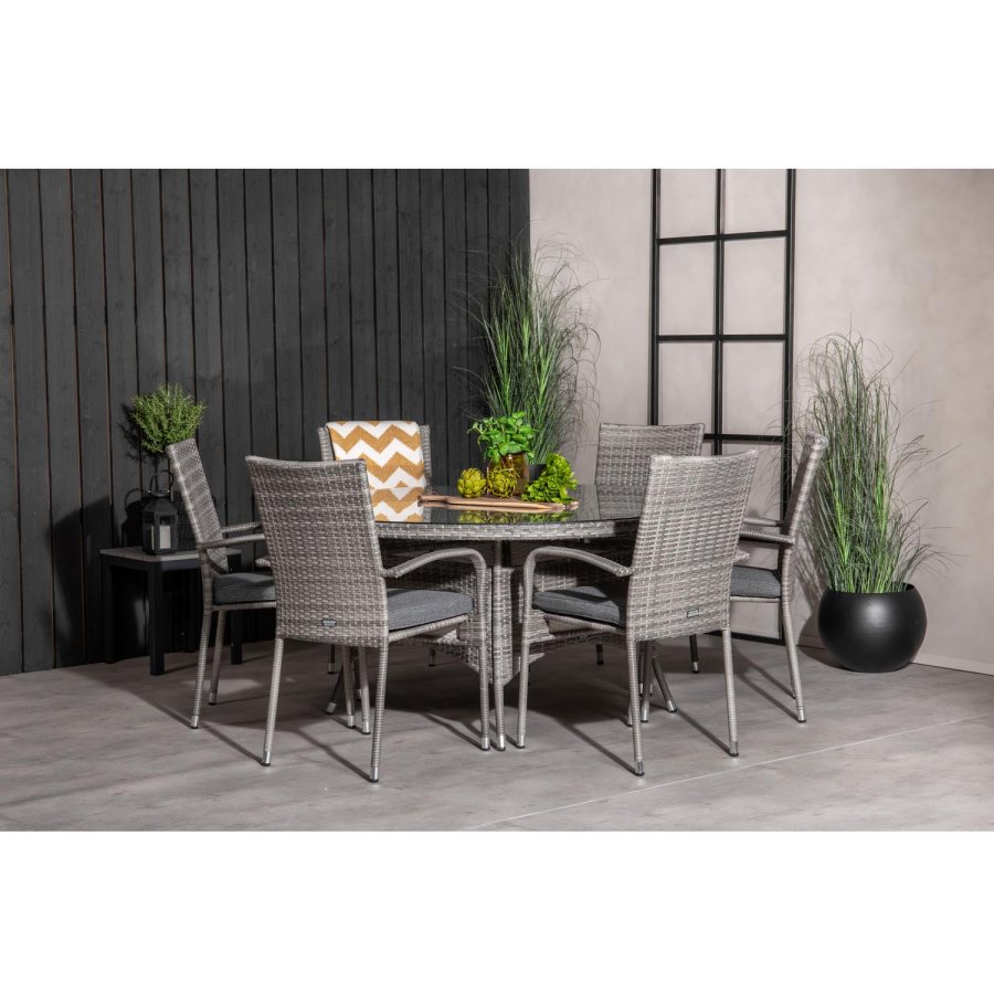 VENTURE DESIGN havest m. Volta bord (150) og 6 Anna stole m. armln - gr rattan og glas