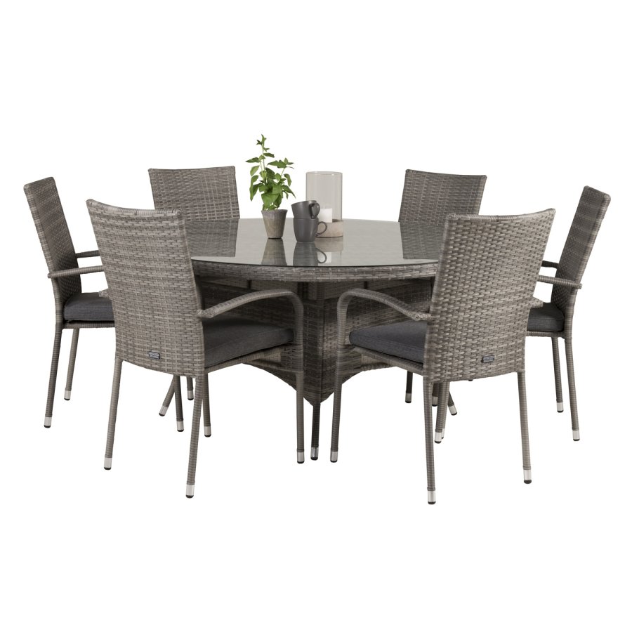 VENTURE DESIGN havest m. Volta bord (150) og 6 Anna stole m. armln - gr rattan og glas