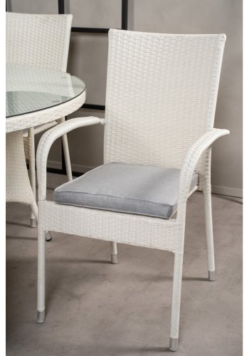 VENTURE DESIGN havest m. Volta bord (150) og 6 Anna stole m. armln - hvid rattan og glas