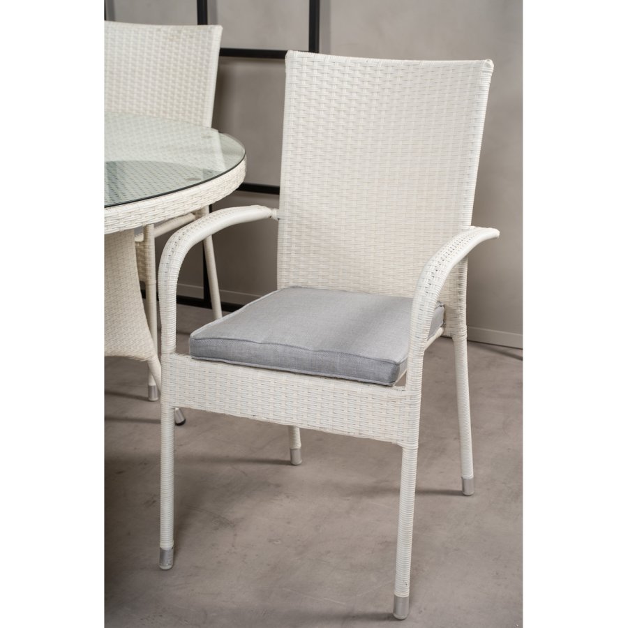 VENTURE DESIGN havest m. Volta bord (150) og 6 Anna stole m. armln - hvid rattan og glas